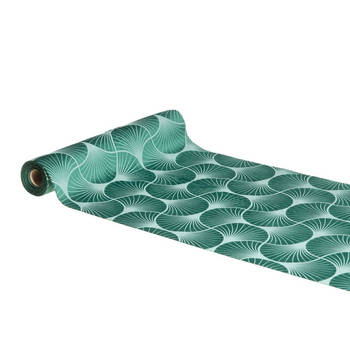 Chaks Tafelloper op rol - ginkgo print - malagiet groen - 28 x 300 cm - polyester - Feesttafelkleden
