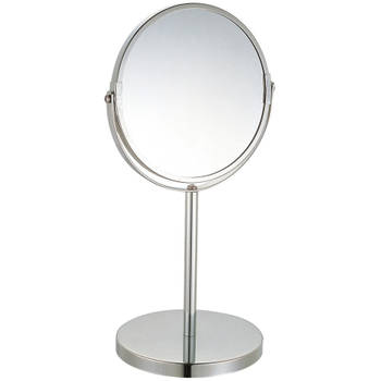 MSV Make-up spiegel - 2-zijdig/3x vergrotend - op stevige voet - chrome zilver - Dia 17 cm - Make-up spiegeltjes