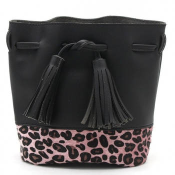 Zwarte/roze luipaardprint schoudertas/cross body tas/bucket bag 30 cm - Heuptassen