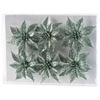 6x Kerstversieringen glitter kerstrozen mintgroen op clip - Kunstbloemen