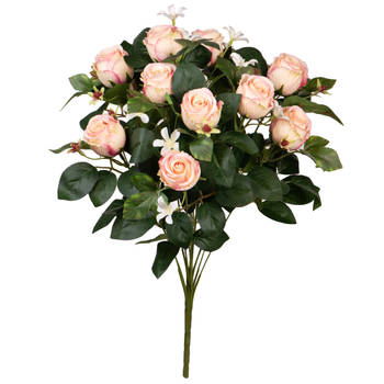 Louis Maes Kunstbloemen boeket rozen/bloesem met bladgroen - lichtroze - H49 cm - Bloemstuk - Kunstbloemen