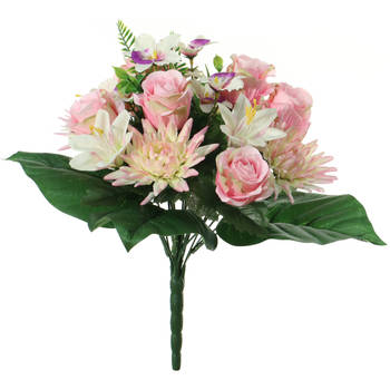 Louis Maes Kunstbloemen boeket roos/orchidee/chrysantA - roze - H36 cm - Bloemstuk - Bladgroen - Kunstbloemen