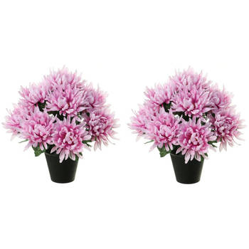 Louis Maes Kunstbloemen plant in pot - 2x - lila paars tinten - 28 cm - Bloemenstuk ornament - Chrysanten - Kunstbloemen