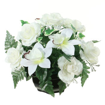 Louis Maes Kunstbloemen plantje in pot - kleuren creme/wit - 25 cm - Bloemstuk ornament - orchidee/rozen met bladgroen -