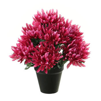 Louis Maes Kunstbloemen plant in pot - cerise roze tinten - 28 cm - Bloemenstuk ornament&nbsp;- Chrysanten - Kunstbloeme