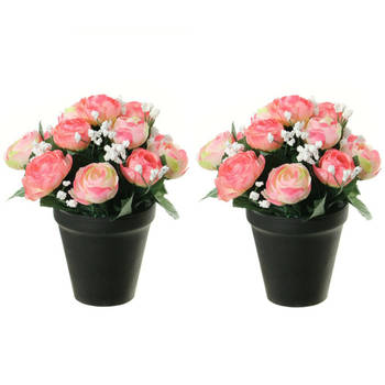 Louis Maes Kunstbloemen plant in pot - 2x - roze/wit tinten - 20 cm - Bloemenstuk ornament - Kunstbloemen