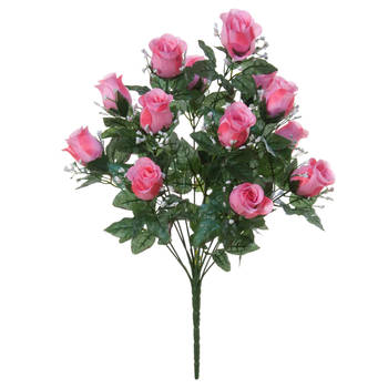 Louis Maes Kunstbloemen boeket rozen/gipskruid - lichtroze - H56 cm - Bloemstuk - Bladgroen - Kunstbloemen