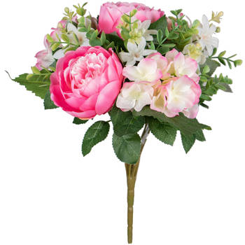 Louis Maes Kunstbloemen boeket roos/hortensia - roze/cerise - H39 cm - Bloemstuk - Bladgroen - Kunstbloemen