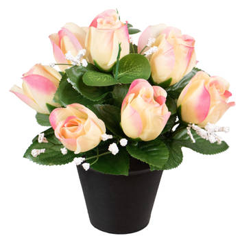 Louis Maes Kunstbloemen klein boeketje rozen in pot - creme/lichtroze - H25 cm - Bloemstuk - Bladgroen - Kunstbloemen