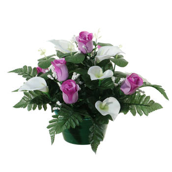 Louis Maes Kunstbloemen plantje in pot - wit/paars - 26 cm - Bloemstuk ornament - rozen met bladgroen - Kunstbloemen