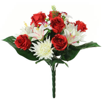 Louis Maes kunstbloemen boeket roos/orchidee/chrysantA - rood/wit - H36 cm - Bloemstuk - Bladgroen - Kunstbloemen