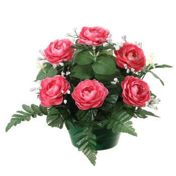 Louis Maes Kunstbloemen plantje in pot - roze - 25 cm - Bloemstuk ornament - rozen met bladgroen - Kunstbloemen