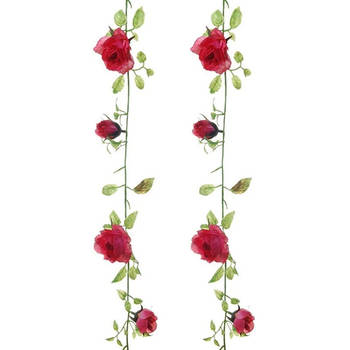 Louis Maes kunstplant bloemenslinger Rozen - 2x - rood/groen - 225 cm - kunstbloemen - Kunstplanten