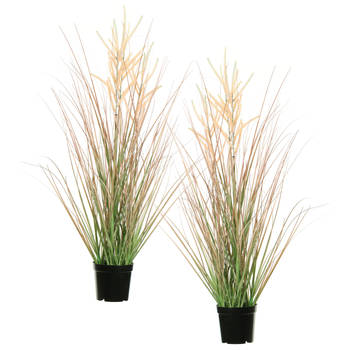 Louis Maes Quality kunstplant - 2x - Siergras met pluim - groen/bruin - H75 cm - in pot - Kunstplanten