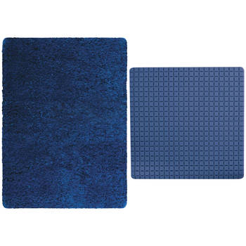 MSV Douche anti-slip mat en droogloop mat - Venice badkamer set - rubber/microvezel - donkerblauw - Badmatjes