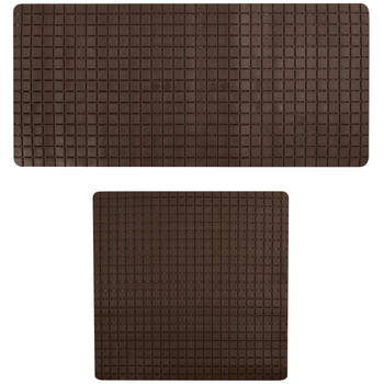 MSV Douche/bad anti-slip matten set badkamer - rubber - 2x stuks - bruin - 2 formaten - Badmatjes