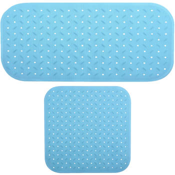 MSV Douche/bad anti-slip matten set badkamer - rubber - 2x stuks - lichtblauw - 2 formaten - Badmatjes