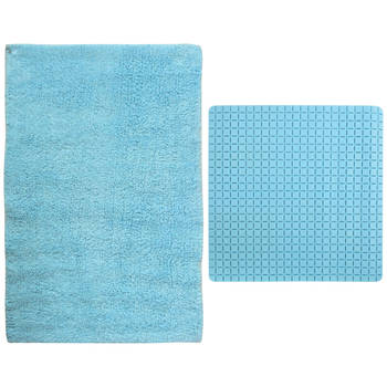 MSV Douche anti-slip mat en droogloop mat - Napoli badkamer set - rubber/polyester - lichtblauw - Badmatjes