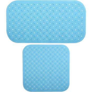 MSV Douche/bad anti-slip matten set badkamer - rubber - 2x stuks - lichtblauw - 2 formaten - Badmatjes