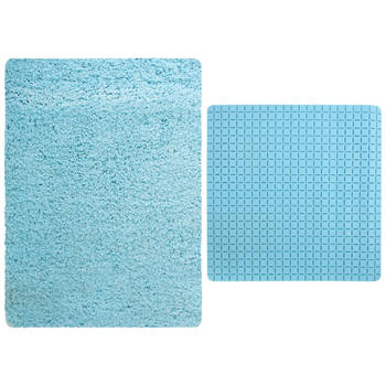 MSV Douche anti-slip mat en droogloop mat - Venice badkamer set - rubber/microvezel - lichtblauw - Badmatjes
