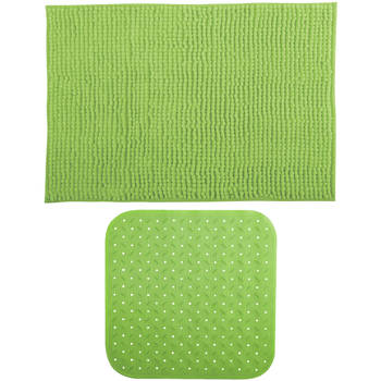 MSV Douche anti-slip mat en droogloop mat - Sevilla badkamer set - rubber/microvezel - limegroen - Badmatjes