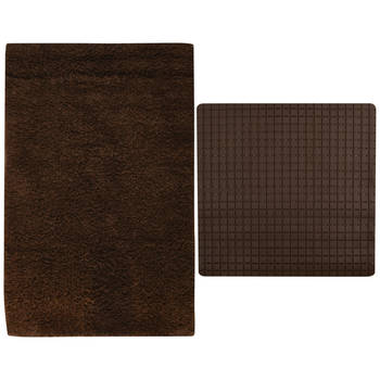 MSV Douche anti-slip mat en droogloop mat - Napoli badkamer set - rubber/polyester - bruin - Badmatjes