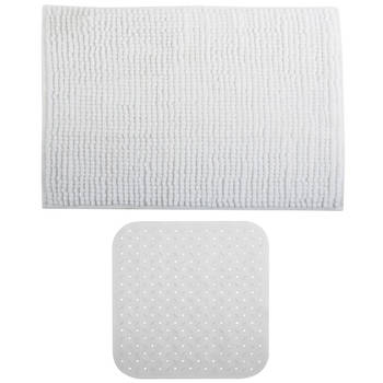 MSV Douche anti-slip mat en droogloop mat - Sevilla badkamer set - rubber/microvezel - wit - Badmatjes