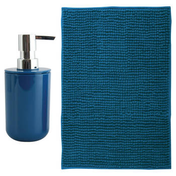 MSV badkamer droogloop mat - Genua - 50 x 80 cm - met bijpassend zeeppompje - donkerblauw - Badmatjes