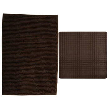 MSV Douche anti-slip mat en droogloop mat - Sevilla badkamer set - rubber/microvezel - bruin - Badmatjes