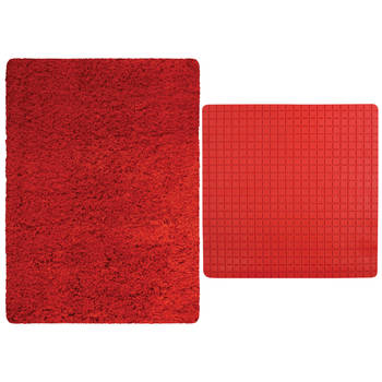 MSV Douche anti-slip mat en droogloop mat - Venice badkamer set - rubber/microvezel - rood - Badmatjes