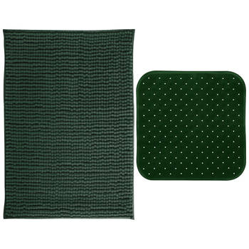 MSV Douche anti-slip mat en droogloop mat - Sevilla badkamer set - rubber/microvezel - donkergroen - Badmatjes