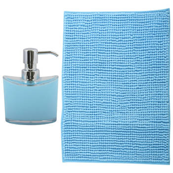 MSV badkamer droogloop mat - Bolzano - 40 x 60 cm - met bijpassend zeeppompje - lichtblauw - Badmatjes