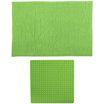 MSV Douche anti-slip mat en droogloop mat - Sevilla badkamer set - rubber/microvezel - limegroen - Badmatjes