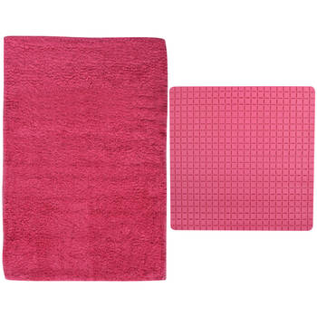 MSV Douche anti-slip mat en droogloop mat - Napoli badkamer set - rubber/polyester - fuchsia roze - Badmatjes