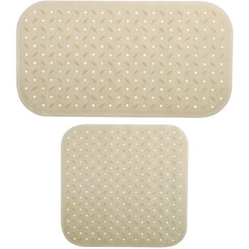 MSV Douche/bad anti-slip matten set badkamer - rubber - 2x stuks - beige - 2 formaten - Badmatjes