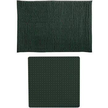 MSV Douche anti-slip mat en droogloop mat - Sevilla badkamer set - rubber/microvezel - donkergroen - Badmatjes