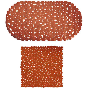 MSV Douche/bad anti-slip matten set badkamer - pvc - 2x stuks - terracotta - 2 formaten - Badmatjes