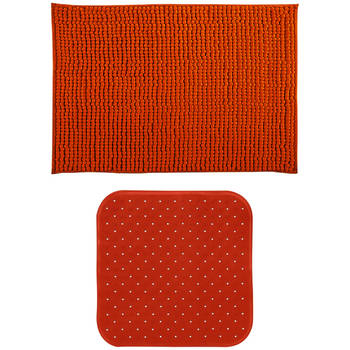 MSV Douche anti-slip mat en droogloop mat - Sevilla badkamer set - rubber/microvezel - terracotta - Badmatjes