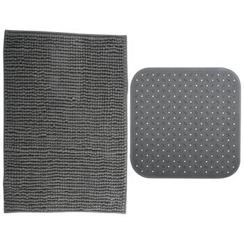 MSV Douche anti-slip mat en droogloop mat - Sevilla badkamer set - rubber/microvezel - donkergrijs - Badmatjes
