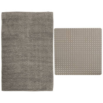 MSV Douche anti-slip mat en droogloop mat - Napoli badkamer set - rubber/polyester - beige - Badmatjes