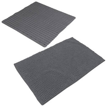Urban Living Douche anti-slip en droogloop mat/tapijt - badkamer set - rubber/polyester - antraciet - Badmatjes