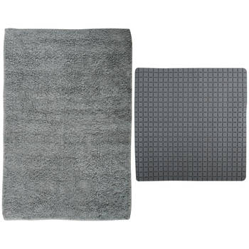 MSV Douche anti-slip mat en droogloop mat - Napoli badkamer set - rubber/polyester - donkergrijs - Badmatjes