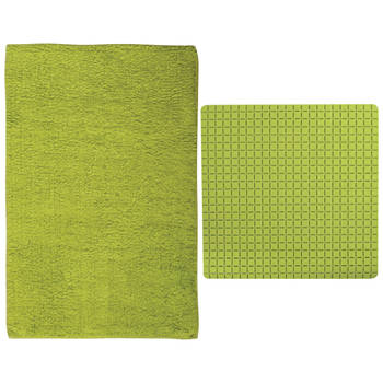 MSV Douche anti-slip mat en droogloop mat - Napoli badkamer set - rubber/polyester - limegroen - Badmatjes