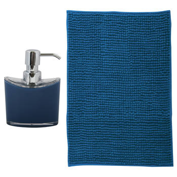 MSV badkamer droogloop mat - Bolzano - 40 x 60 cm - met bijpassend zeeppompje - donkerblauw - Badmatjes