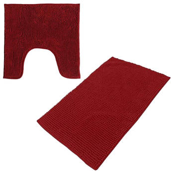 Urban Living badkamer droogloop matjes/tapijt - set 2x stuks - polyester - donkerrood - Badmatjes