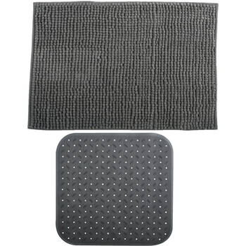 MSV Douche anti-slip mat en droogloop mat - Sevilla badkamer set - rubber/microvezel - donkergrijs - Badmatjes