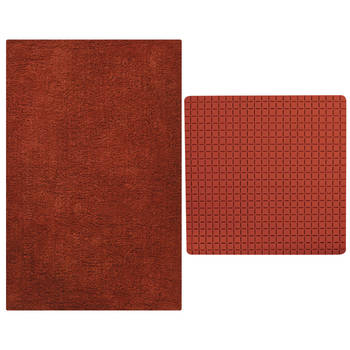 MSV Douche anti-slip mat en droogloop mat - Napoli badkamer set - rubber/polyester - terracotta - Badmatjes