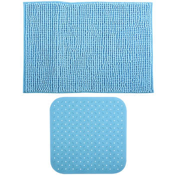 MSV Douche anti-slip mat en droogloop mat - Sevilla badkamer set - rubber/microvezel - lichtblauw - Badmatjes