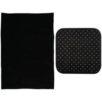 MSV Douche anti-slip mat en droogloop mat - Sevilla badkamer set - rubber/microvezel - zwart - Badmatjes