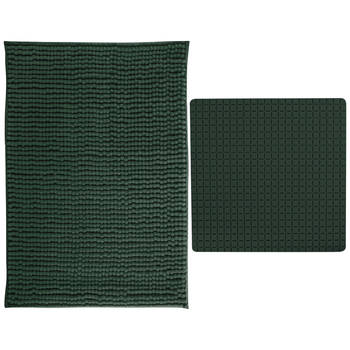 MSV Douche anti-slip mat en droogloop mat - Sevilla badkamer set - rubber/microvezel - donkergroen - Badmatjes